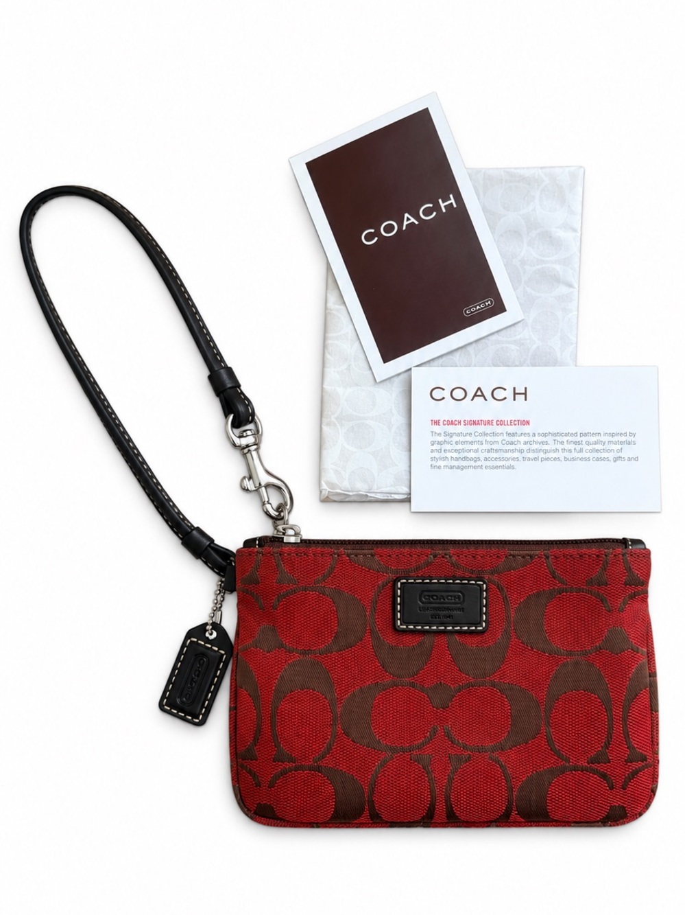 Coach Red Brown Signature C Canvas Wristlet Zip Pouch NWT